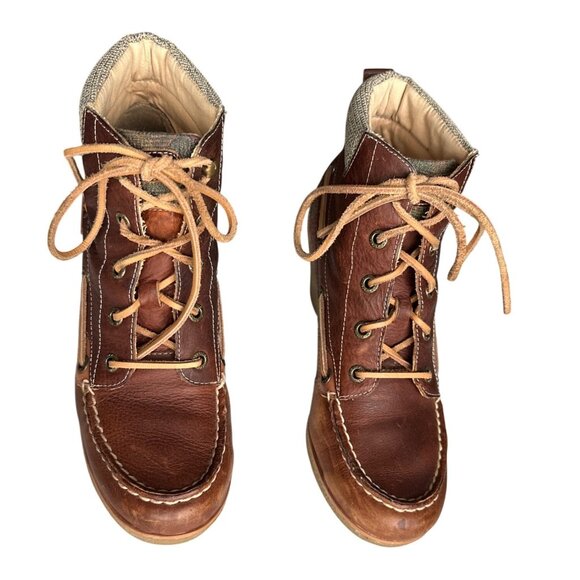 Sperry Bailey Wedge Ankle Boots Brown Leather Plaid Textile Panel Lace-Up Size 8 - Picture 3 of 8